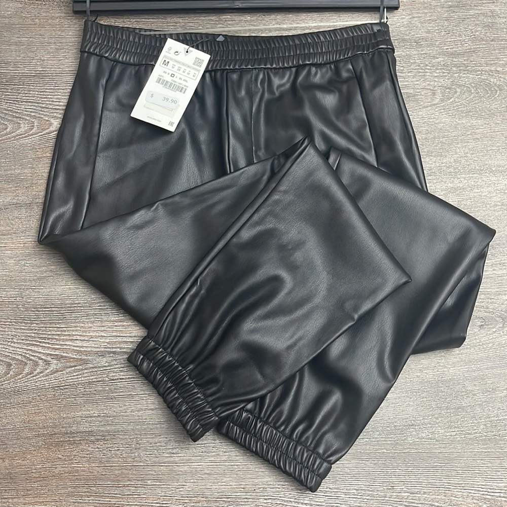 New Faux leather jogging pants black
